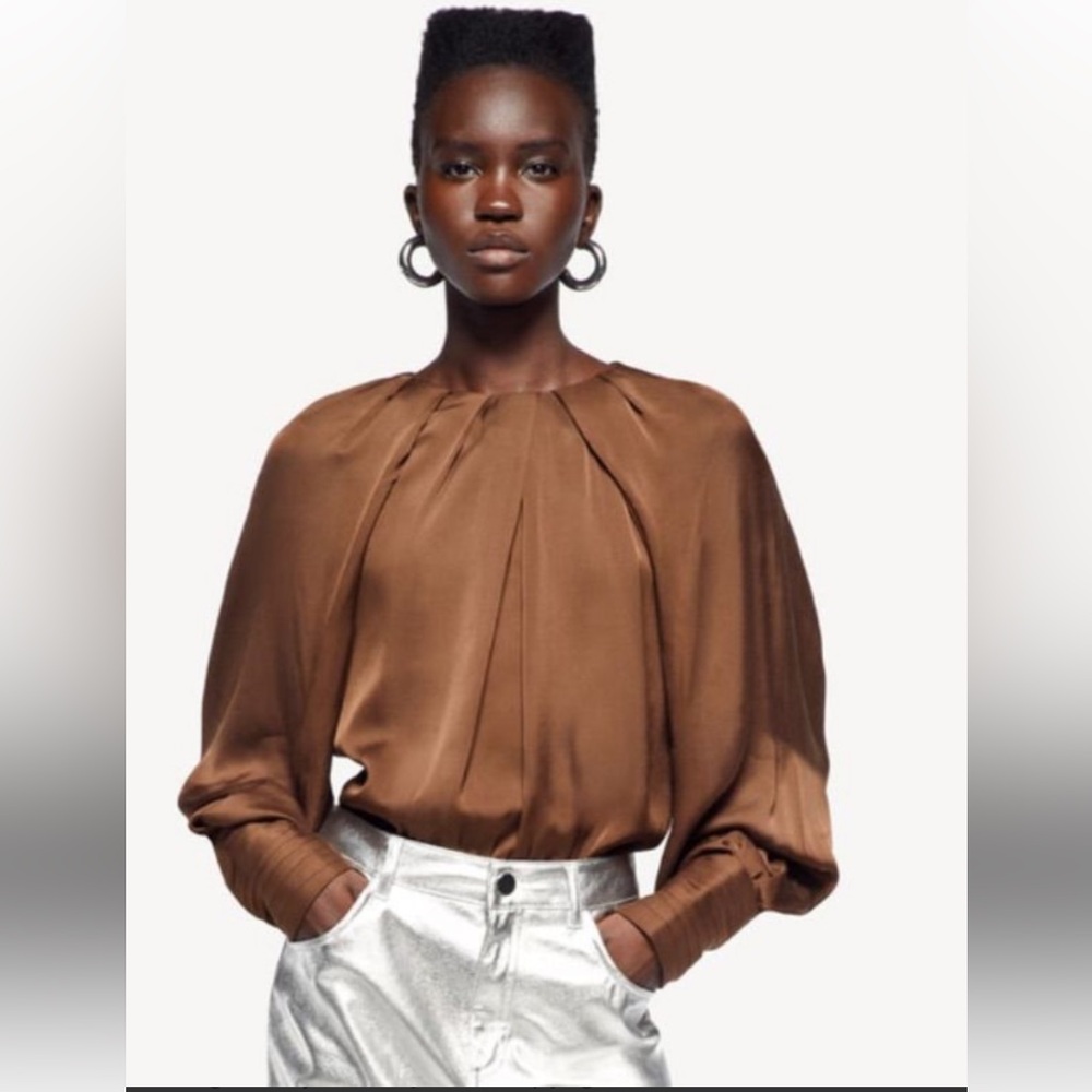 ZARA Chocolate Brown Long Sleeve Satén Bodysuit